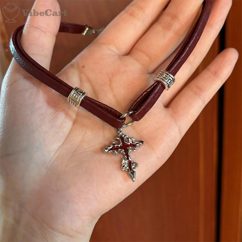 VibeCart Hot Girl Style Red Wine Leather Cross Bone Chocker Necklace VN
