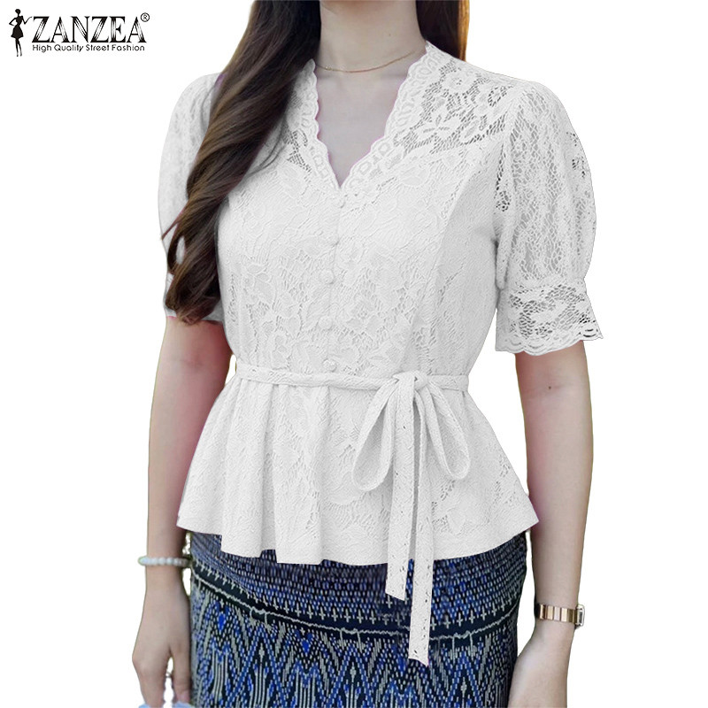 ZANZEA เสื้อลายcrochetแขนลูกไม้สำหรับผู้หญิง ดีไซน์หรูหราแบบเกาหลีพร้อมรายละเอียดlace-up