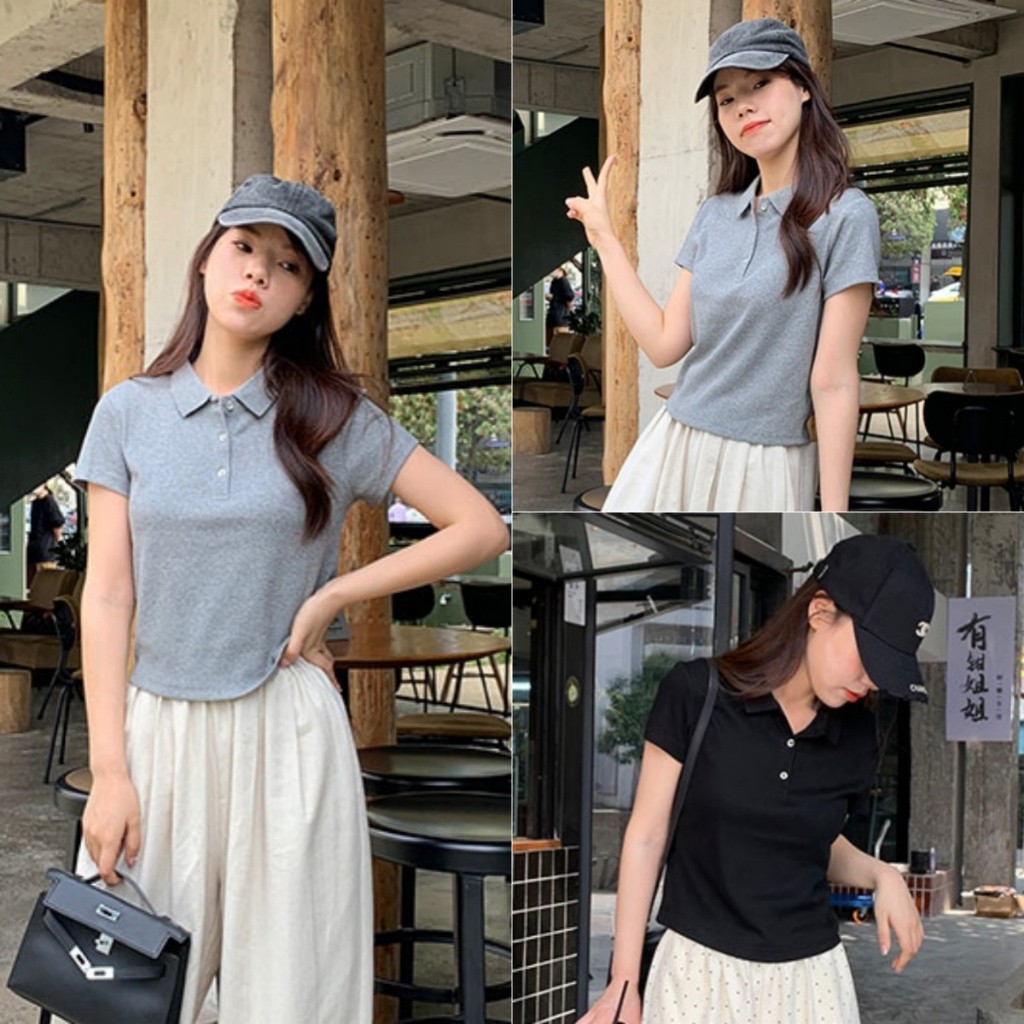 Bella Shop เสื้อยืดคอโปโลแขนสั้น ดีไซน์กระดุม สไตล์เกาหลี เสื้อตัวบนลำลองและเรียบง่าย