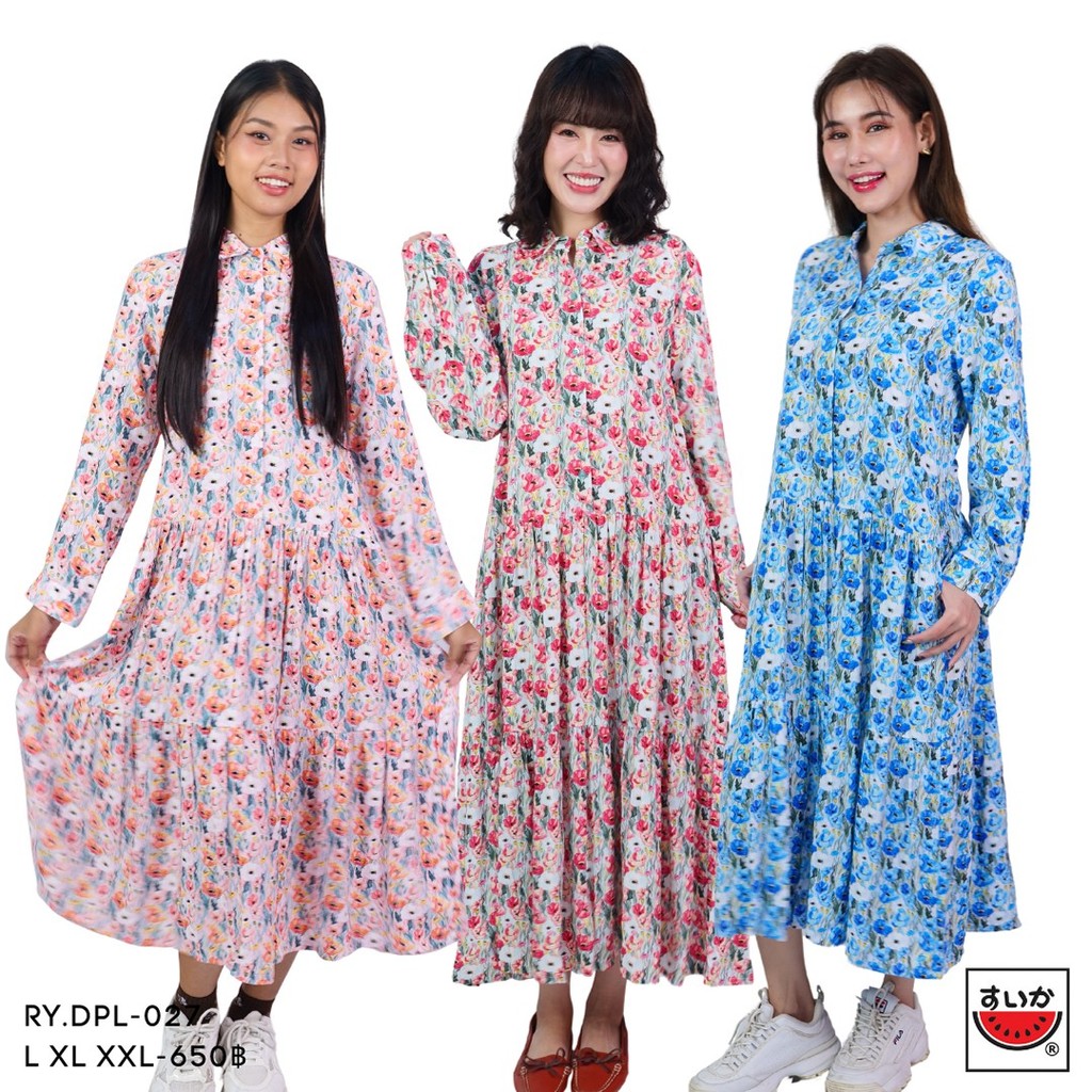 เสื้อแตงโม (SUIKA) - เดรสคอปก แขนยาว ผ้าเรยองผ่าหน้าตลอดพิมพ์ลายดอกไม้ (RY.DPL-027)