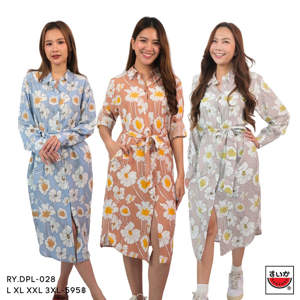 เสื้อแตงโม (SUIKA) - เดรสคอปก แขนยาว ผ้าเรยองผ่าหน้าเชือกผูกเอวตลอดพิมพ์ลายดอกไม้ (RY.DPL-028)