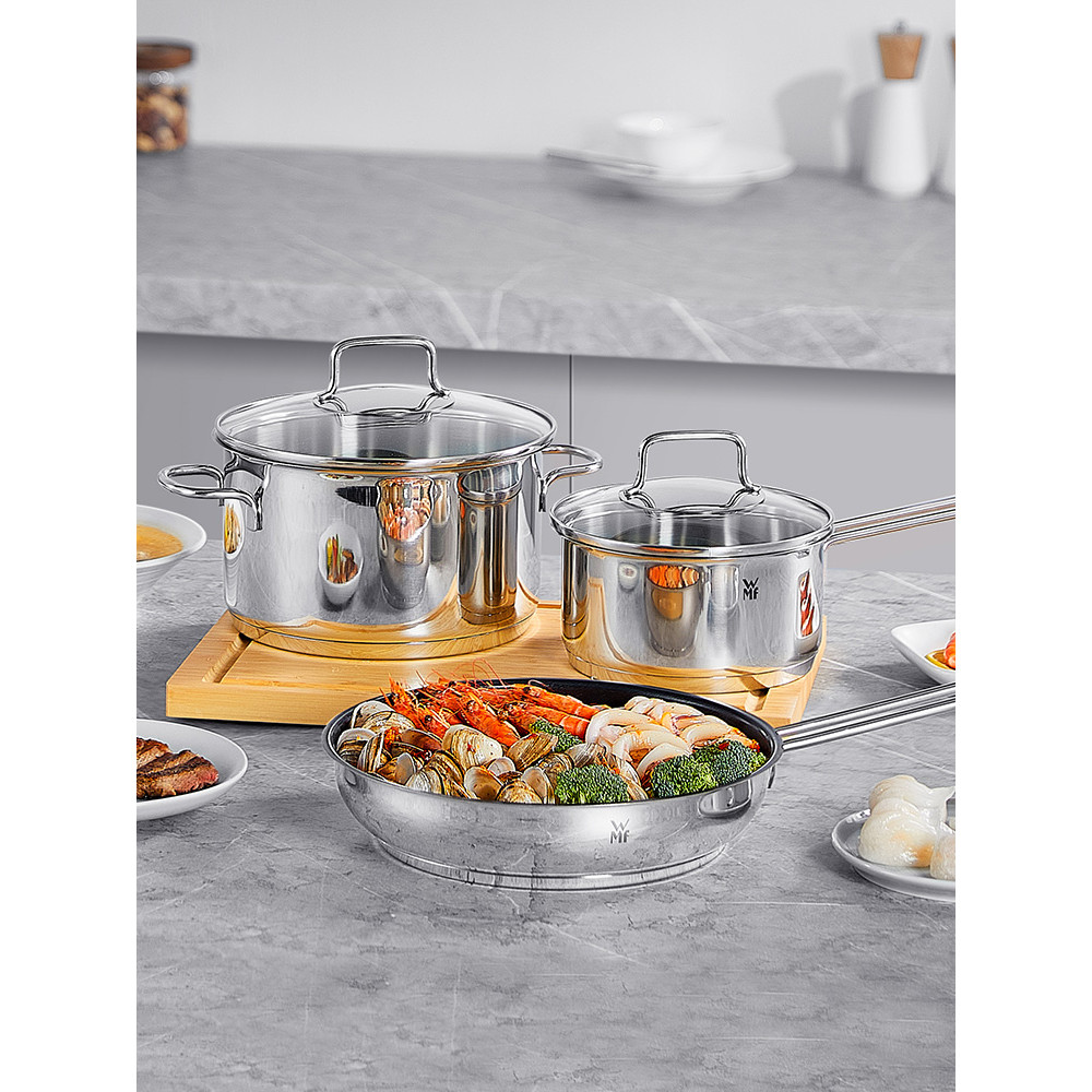 เยอรมัน WMF หม้อซุปสแตนเลสในครัวเรือนหม้อนมกระทะกระทะไม่ติดชุดหม้อทําอาหารชุดสามชิ้น