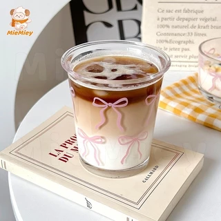 แก้วน้ำใส ลายโบว์ ลายจุด แก้วน่ารัก สไตล์มินิมอล เหมาะสำหรับร้านกาแฟ คาเฟ่ ใช้ที่บ้านได้
