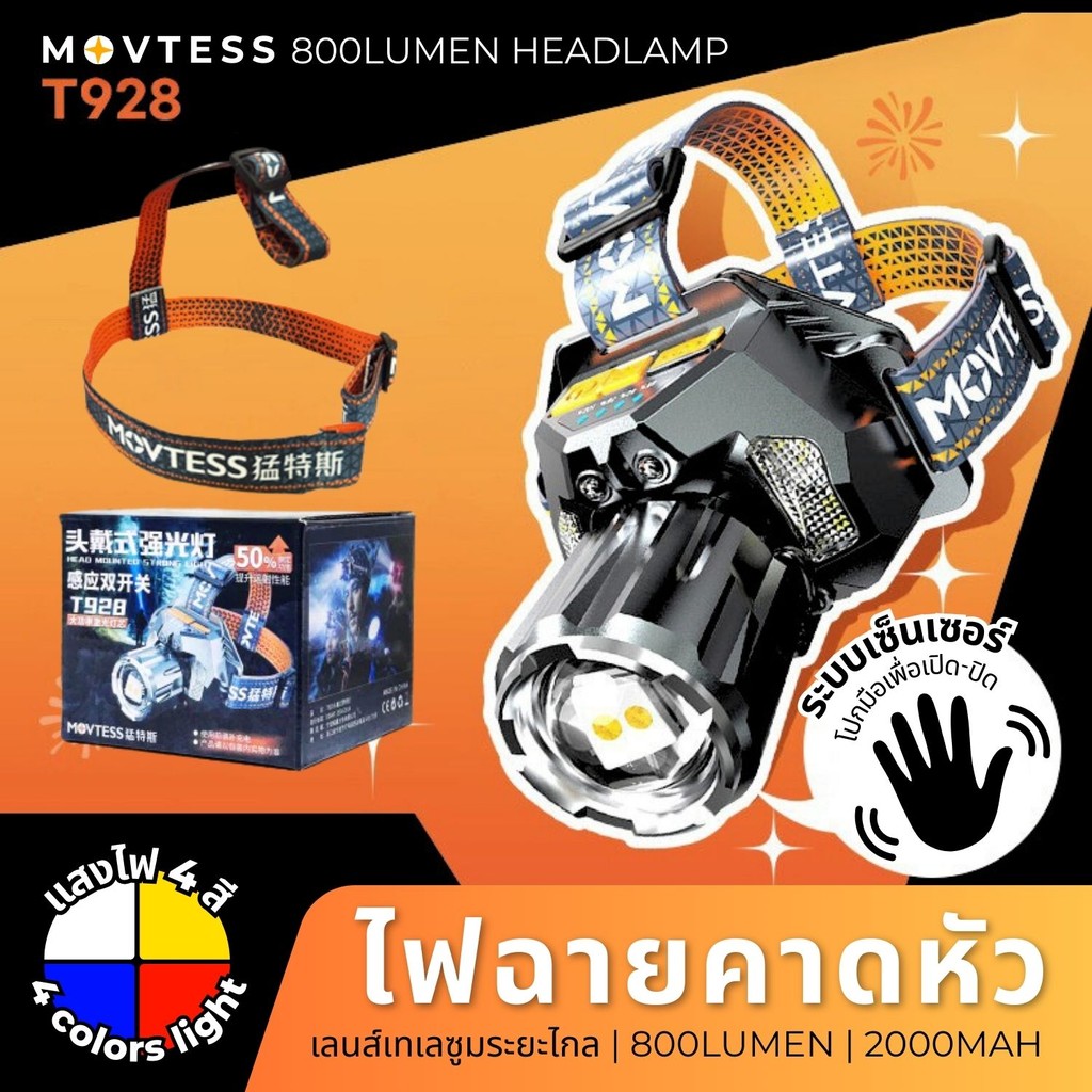 ศํ ห้นย ไฟคาดศีรษะ รุ่น T928 ไฟ LED 800ลูเมน ซูมระยะไกล 20W มีระบบเซ็นเซอร์เปิด-ปิด 2000mAh ไฟฉาย ไฟ