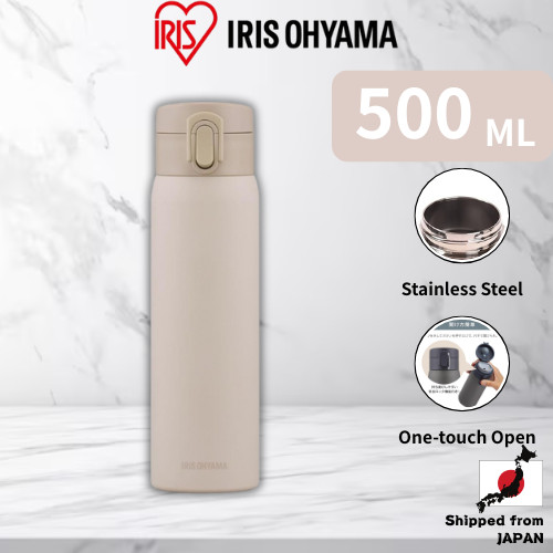 Iris Ohyama Water Bottle 500ml Vacuum Insulated, Keeps Temperature for 6 Hours, One-Touch Easy to Op