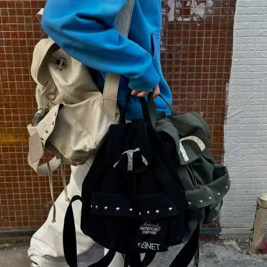 กระเป๋าเป้สะพายหลัง Niche Deinet สไตล์เกาหลี ทำจากผ้าใบ มีซิปและลูกบิดrivet พร้อมพื้นที่เก็บของขนาดใ