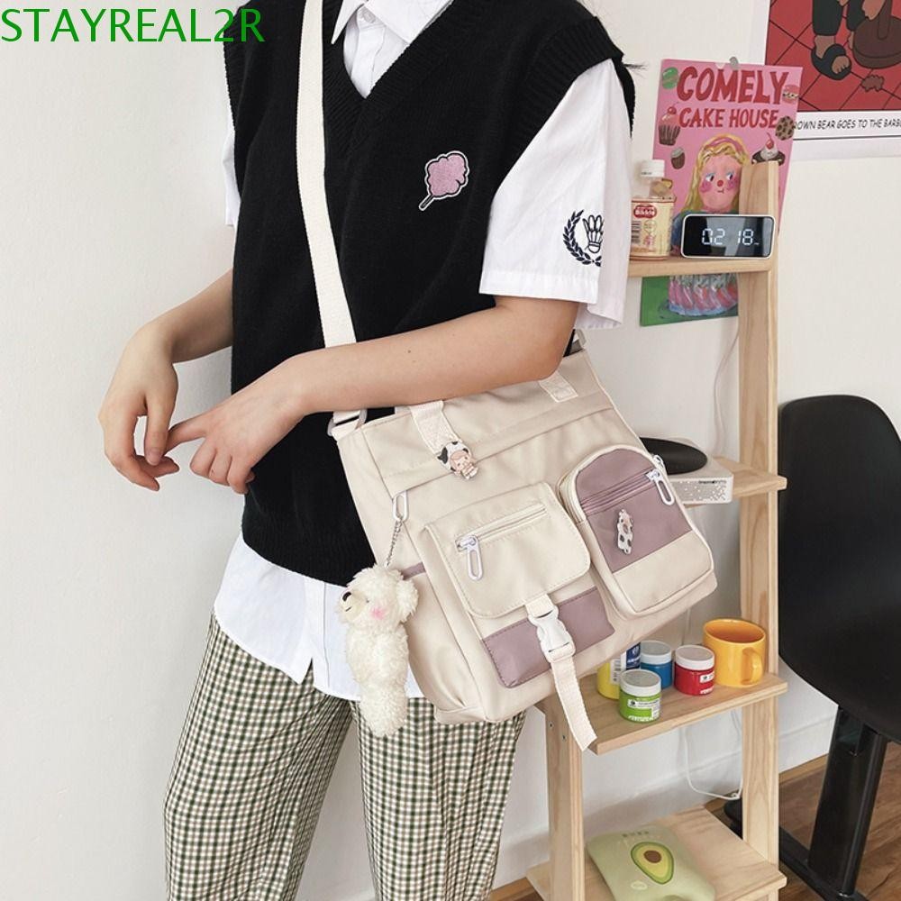 STAYREAL2R กระเป๋านักเรียนนักเรียน, Academy Style Nylon Canvas Tote Bag, Casual Handbag Korean Style