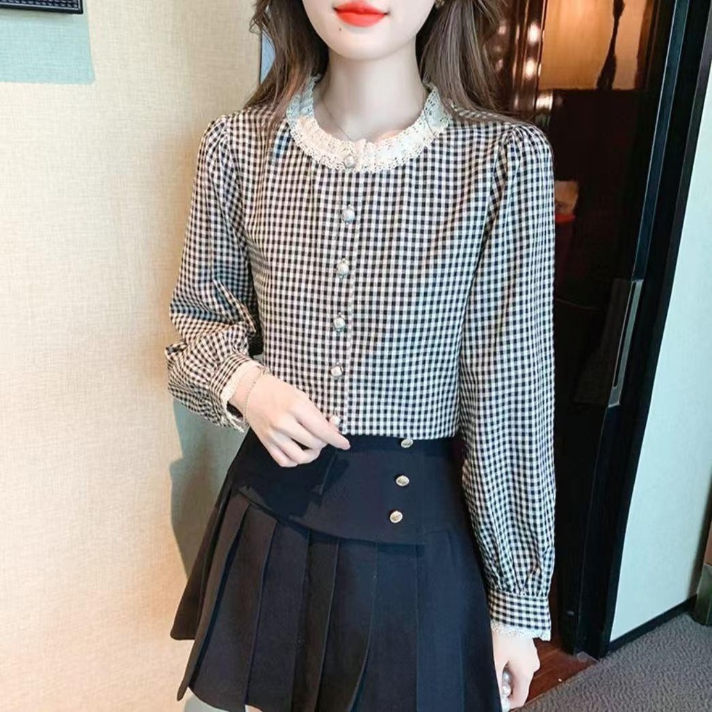 Chili Koko เสื้อเชิ้ต ลายสก็อต สไตล์เรโทรฝรั่งเศส คอกลม ลูกไม้ระดับไฮเอนด์ สำหรับผู้หญิง แขนยาว เสื้อเรียบหรู 99217 - รูปที่ 2