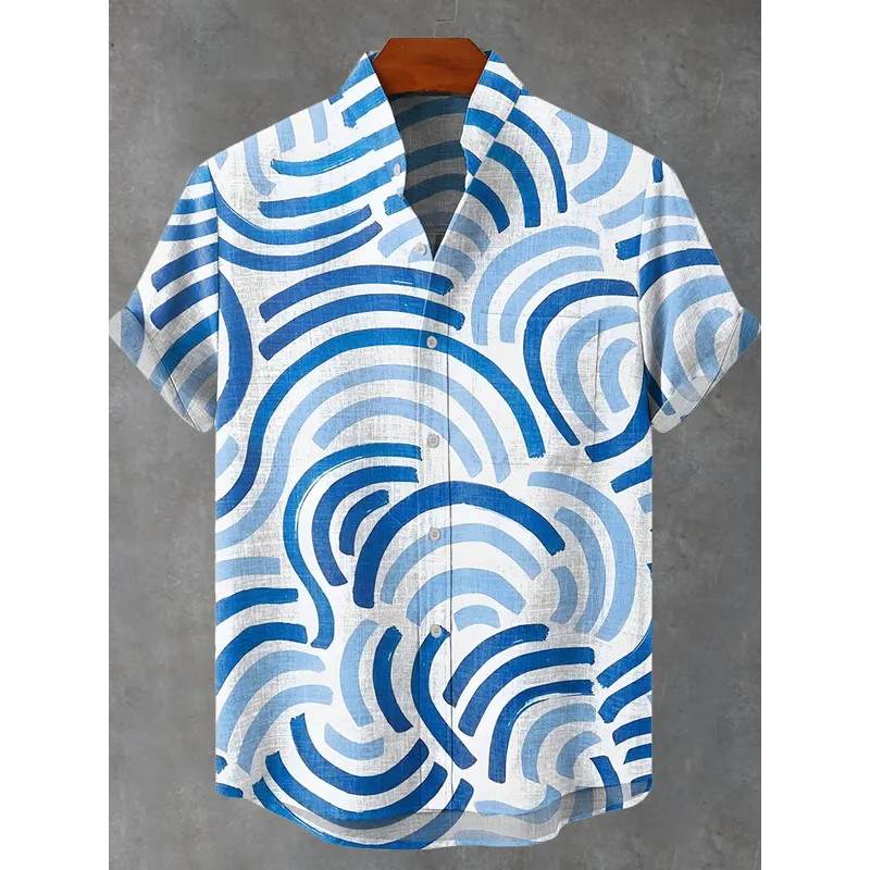 เสื้อลายคลื่นสีฟ้าแขนสั้นสำหรับผู้ชาย ผ้าลินินแบบฮาวาย สไตล์ญี่ปุ่น เหมาะสำหรับใส่วันหยุดหรือลำลองในฤดูร้อน