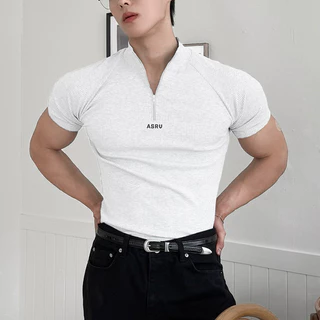 เป่าหลงซิน ใหม่ผู้ชายครึ่งซิปแขนสั้นเสื้อยืดกีฬายืดหยุ่นสูงแห้งเร็ววิ่งออกกําลังกายสวมใส่สลิมฟิต