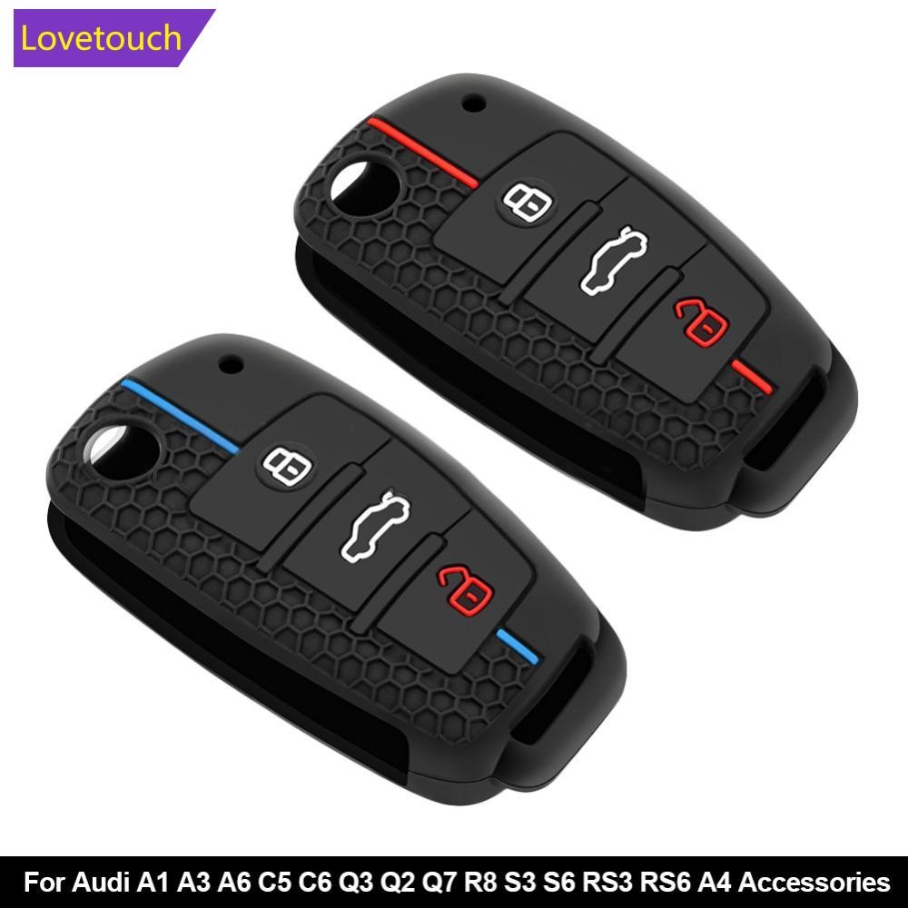 LOVETOUCH ซิลิโคนกุญแจรถ 3 ปุ่มคีย์กรณีพวงกุญแจป้องกัน Fob สําหรับ Audi A1 A3 A6 C5 C6 Q3 Q2 Q7 R8 S