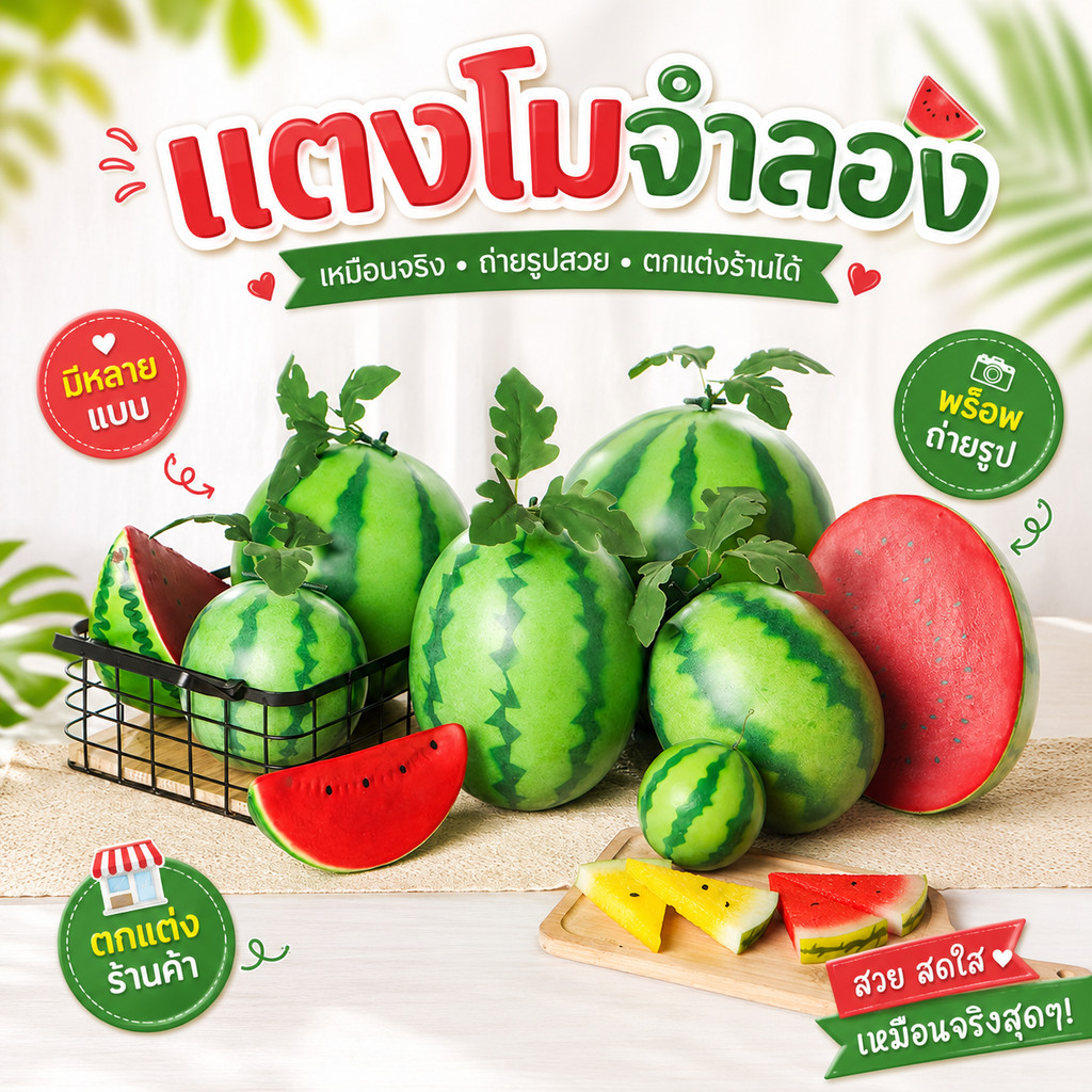 แตงโมปลอมเหมือนจริง โมเดลแตงโมจำลอง ขนาดเท่าของจริง สีสวยฉ่ำ ใช้ตกแต่งร้าน ถ่ายภาพ บ้านตัวอย่าง พร็อพจัดฉาก