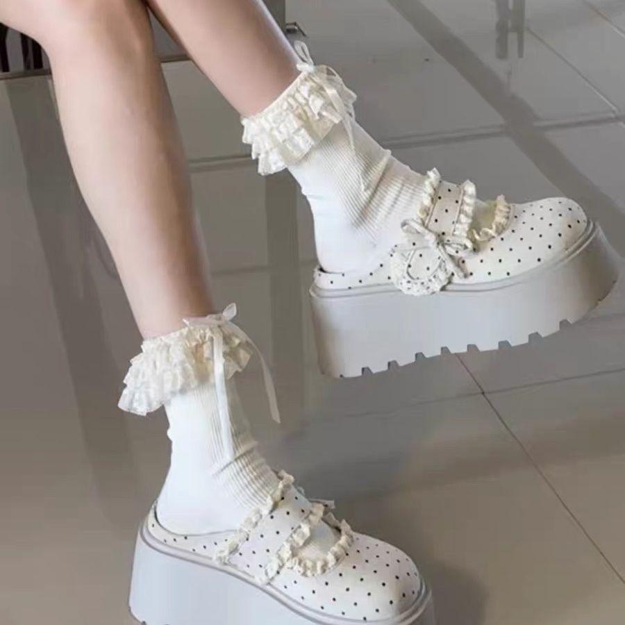 [ข้อเสนอเวลาจํากัด] รองเท้าแตะผู้หญิง 5 ซม.หนา Soled Polka Dot ลูกไม้ Birkenstock สไตล์ใหม่ All-Match ความสูงคนขี้เกียจ One @-
