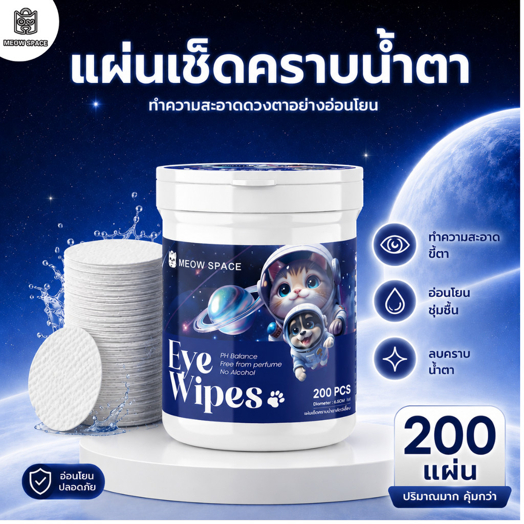 MEOW SPACE แผ่นเช็ดคราบน้ำตา 1 กระปุก 200 แผ่น ผ้าเช็ดทำความสะอาดตาสัตว์เลี้ยง  แผ่นเช็ดตา  สูตรธรรมชาติ