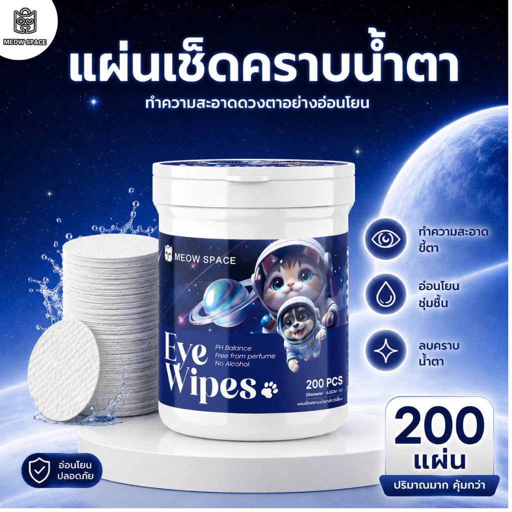 MEOW SPACE แผ่นเช็ดคราบน้ำตา 1 กระปุก 200 แผ่น ผ้าเช็ดทำความสะอาดตาสัตว์เลี้ยง แผ่นเช็ดตา สูตรธรรมชาติ