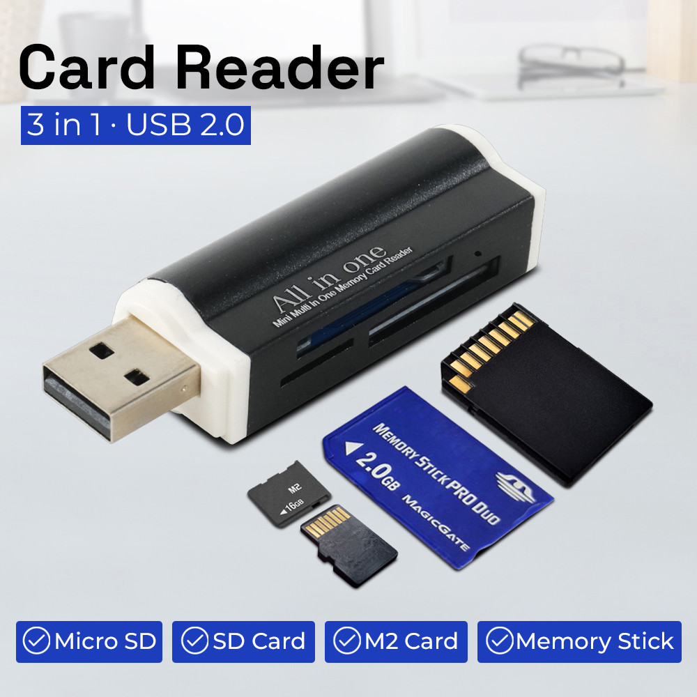PM77-1pcs All in One Card Reader 3in1 Mini USB 2.0 MicroSD M2 MMC Memory Stick รูปแบบ M2, SD, MMC, S