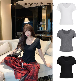 MOSESQUEEN เสื้อถักแขนสั้น ลายเส้นเรียบหรูสำหรับผู้หญิง ใส่ได้ทุกวัน #63359