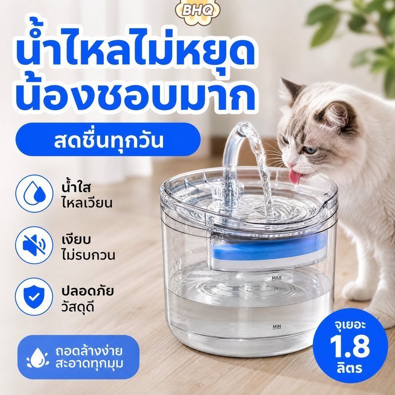 BHQ ที่ให้น้ำสัตว์เลี้ยงอัตโนมัติ น้ำพุแมว แบบใส 1.8 ลิตร ปิดเสียง