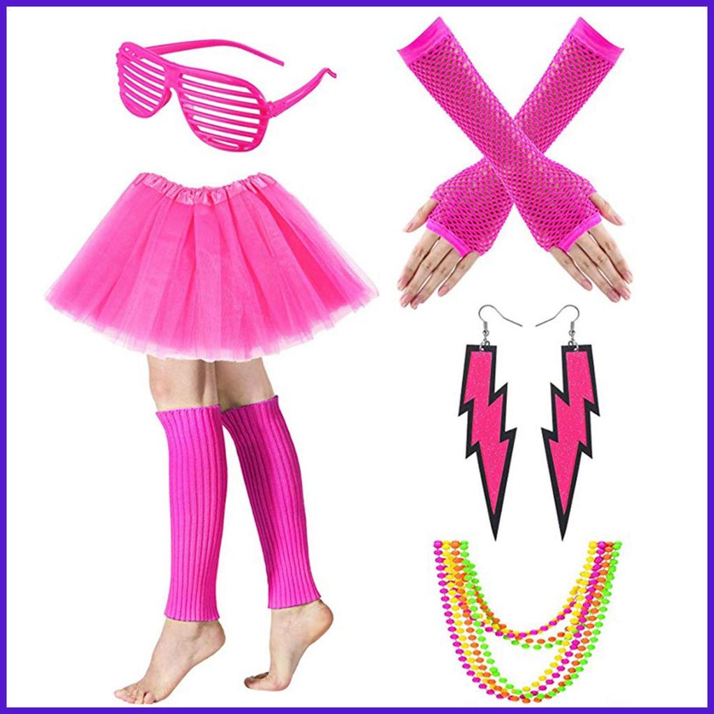 80s Themed ชุด 80s ชุดแฟนซีเครื่องแต่งกายสร้อยคอนีออนผ้าม่านแว่นตาต่างหู Fishnet ถุงมือขาอุ่น sarhan