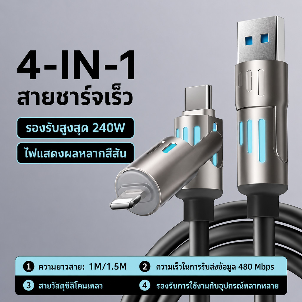 TT HOME01 สายชาร์จเร็ว 4in1 Fast Charge 240w สายชาร์จมือถือ แสงไฟ RGB สายชาร์จTYPE C USB