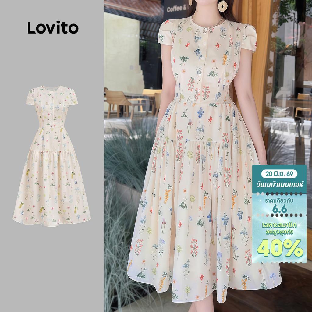 Lovito Elegant เดรสลําลองซิปพิมพ์ลายสําหรับฤดูใบไม้ผลิ/ฤดูร้อนสําหรับผู้หญิง L178LD2017