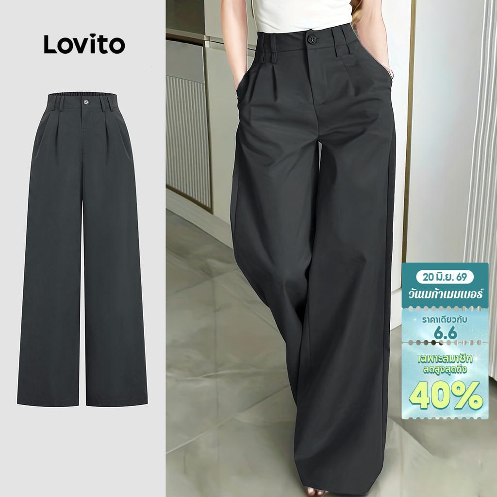 Lovito Casual กางเกงลําลองผู้หญิง สีเทาเข้ม ทรงซิป กระดุม ดีไซน์คลาสสิก เหมาะสําหรับฤดูใบไม้ผลิและฤดูร้อน L34LD052