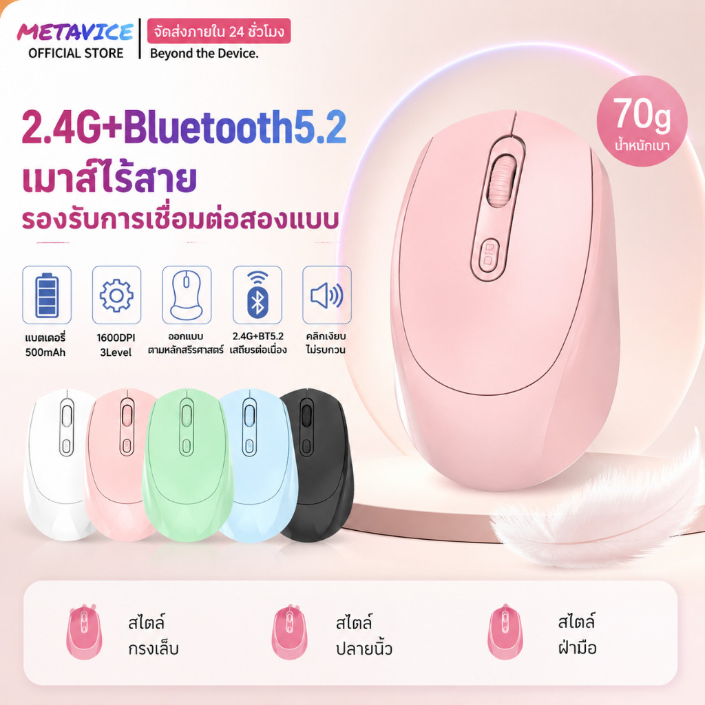 เมาส์ไร้สาย Bluetooth 5.0 + 2.4G ชาร์จได้ คลิกเงียบ รองรับ PC Laptop Tablet สำหรับทำงานและเล่นเกม ME019