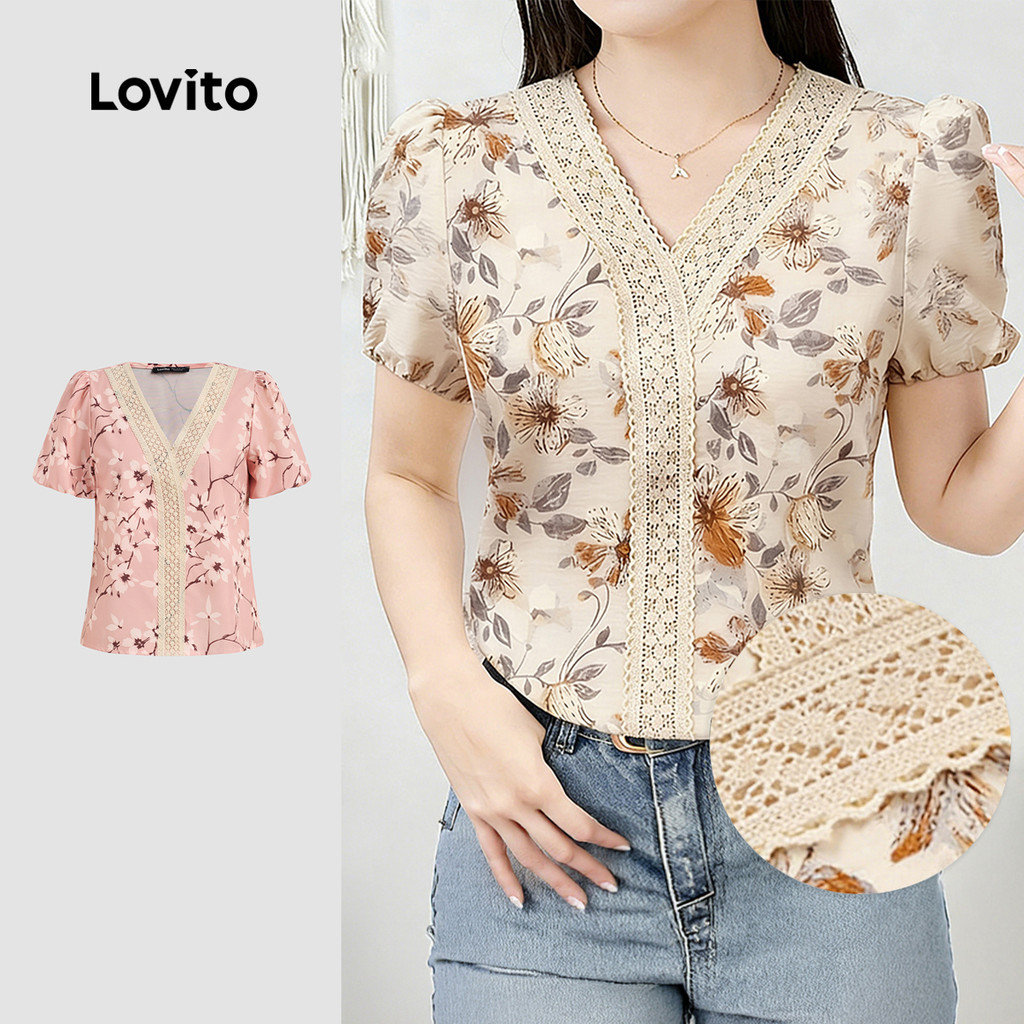 Lovito โบโฮ เสื้อเบลาส์ คอระบาย ลายดอกไม้ สําหรับผู้หญิง ฤดูใบไม้ผลิ/ฤดูร้อน LK5AD262