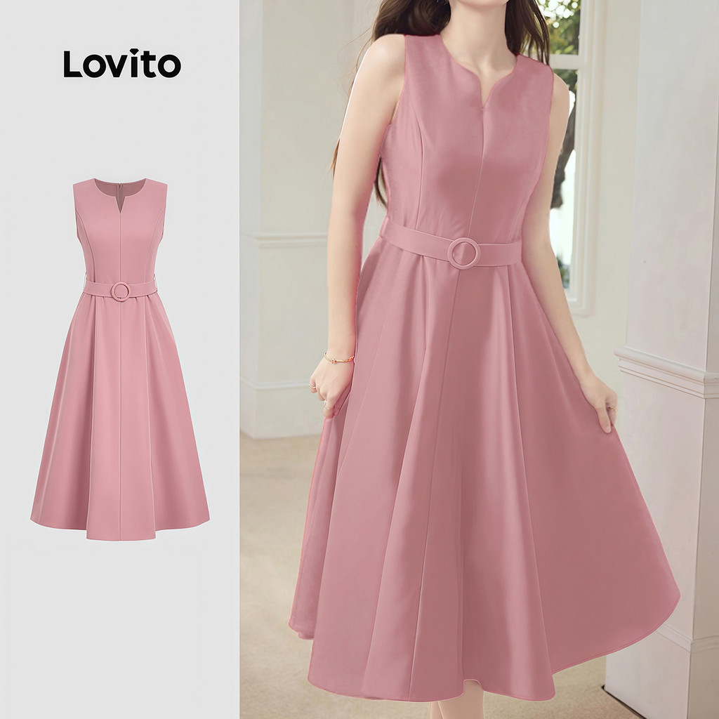 Lovito เดรสสีชมพูมีเข็มขัดซิปหน้าสําหรับผู้หญิง L177AD149