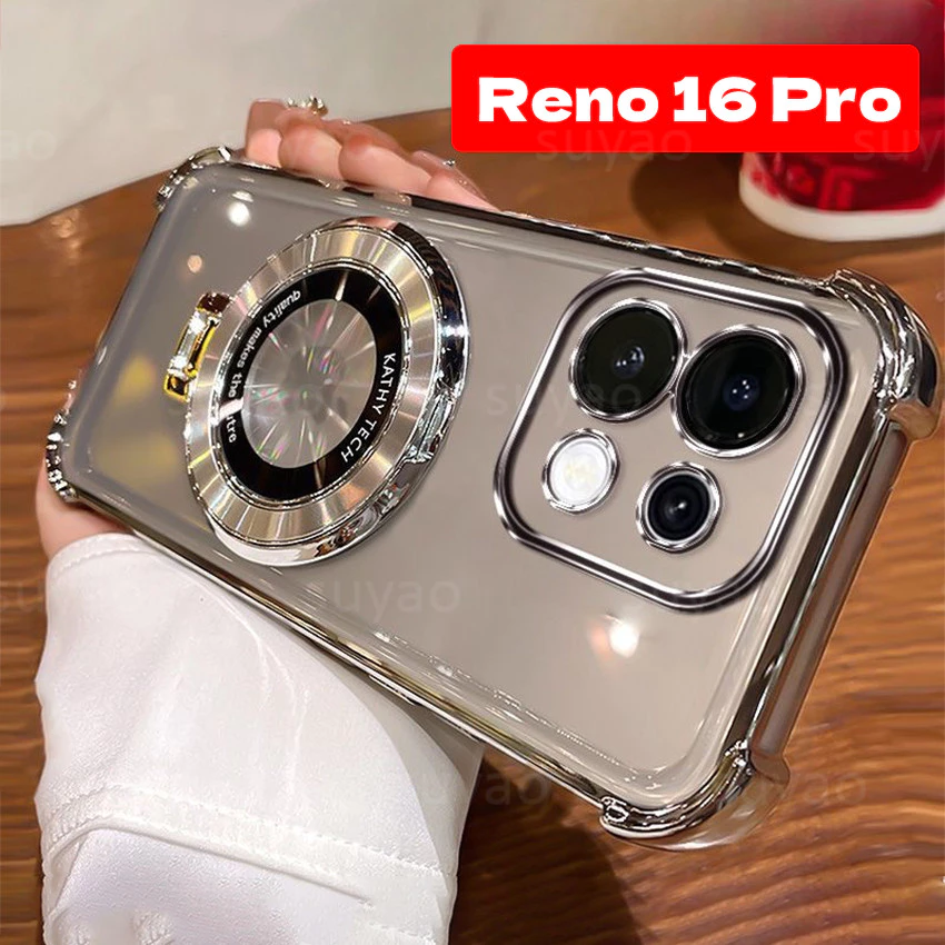 สําหรับOppo Reno 16 Pro 16Pro 16F 5G 2026 Magnetic Stand Holderเคสโทรศัพท์TPU ClearปลอกReno16Pro Reno16 Reno16F Electroplatedโปร่งใสกันกระแทกป้องกันนุ่มปกหลัง