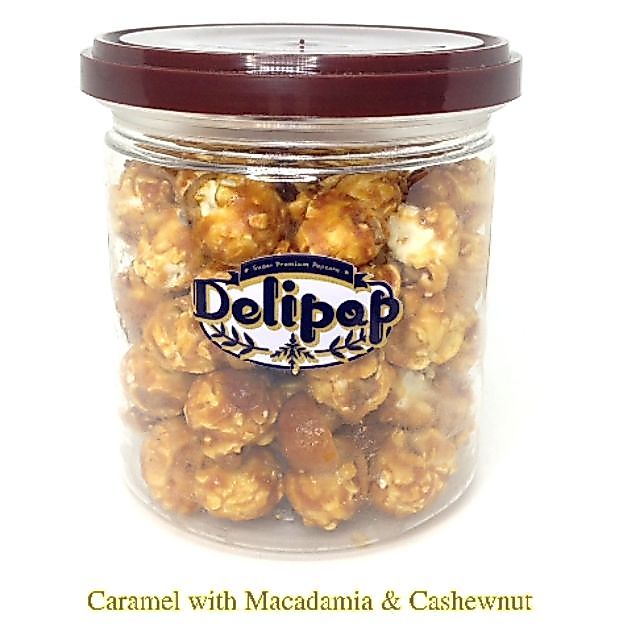 Delipop ป๊อบคอร์นรสคาราเมลผสมแมคคาเดเมียและเม็ดมะม่วงหิมพานต์ Size M. เม็ดกลมโตกรอบอร่อย/popcorn m