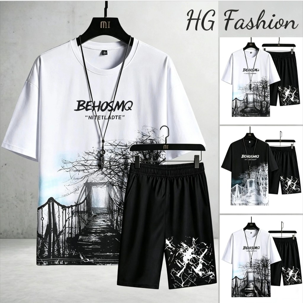 ผู้ชายแฟชั่นใหม่สบาย ๆ แขนสั้นเสื้อยืดและกางเกงขาสั้นหลวมพร้อมขนาด