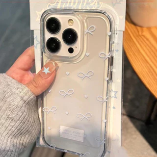 For iPhone 16 เคสใส ปุ่มชุบไฟฟ้าอ่อนป้องกันกล้องกันกระแทก โบว์สีฟ้าน่ารัก เข้ากันได้กับ iPhone 14 13 15 16 11 12 Pro Max