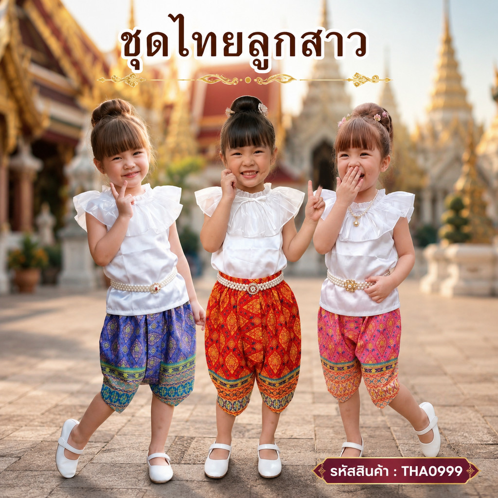 (T999) ชุดไทยเด็กหญิง เสื้อแขนกุด+โจงกระเบนลายไทย แต่งคอระบาย น่ารักๆ ชุดไทยเด็ก ชุดไทยประยุกต์