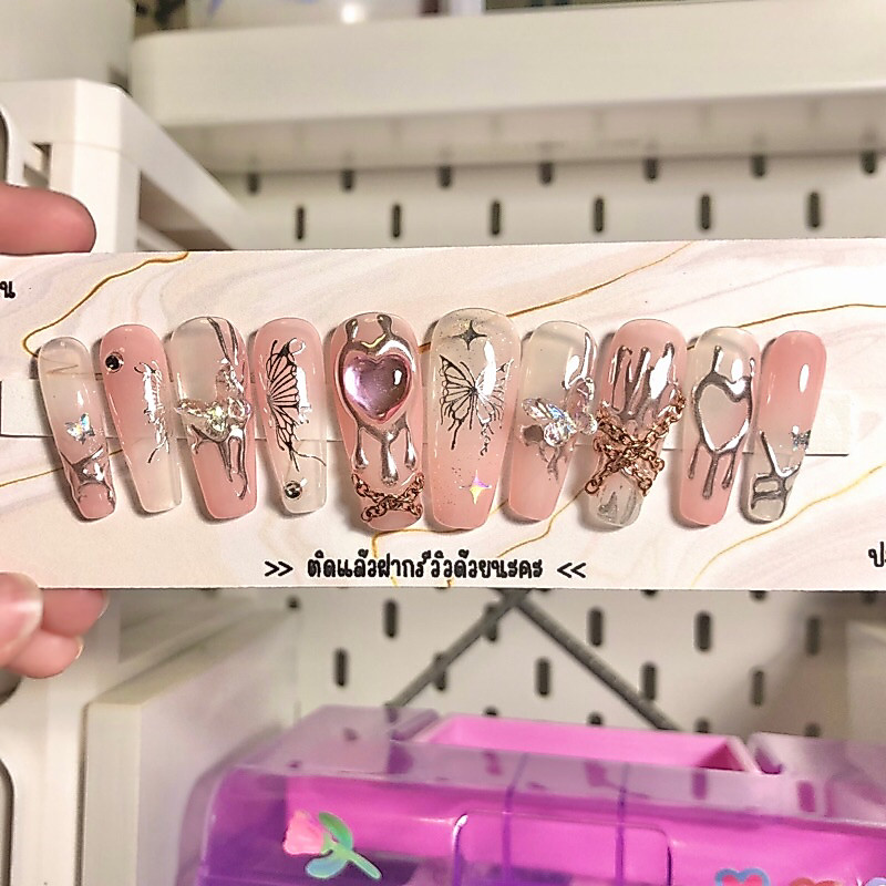 (พร้อมส่ง📌)เล็บเจลแท้ลัคชู งานขัดเงิน🦋💗