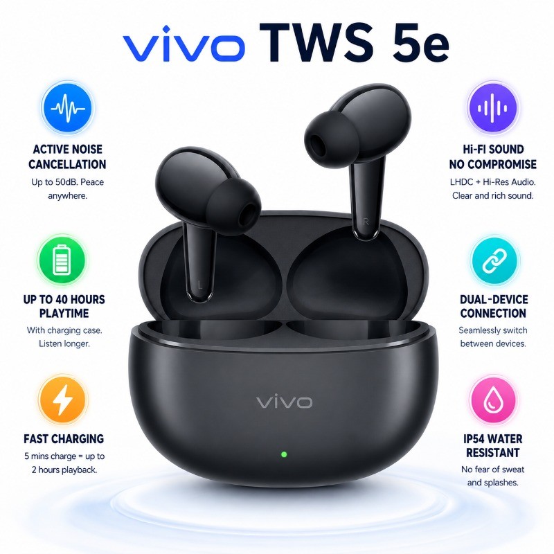 Vivo TWS 5e หูฟังบลูทูธไร้สาย True 55dB Hybrid Adaptive Noise Cancelling 55H แบตเตอรี่ 42ms Low Latency Spatial Audio