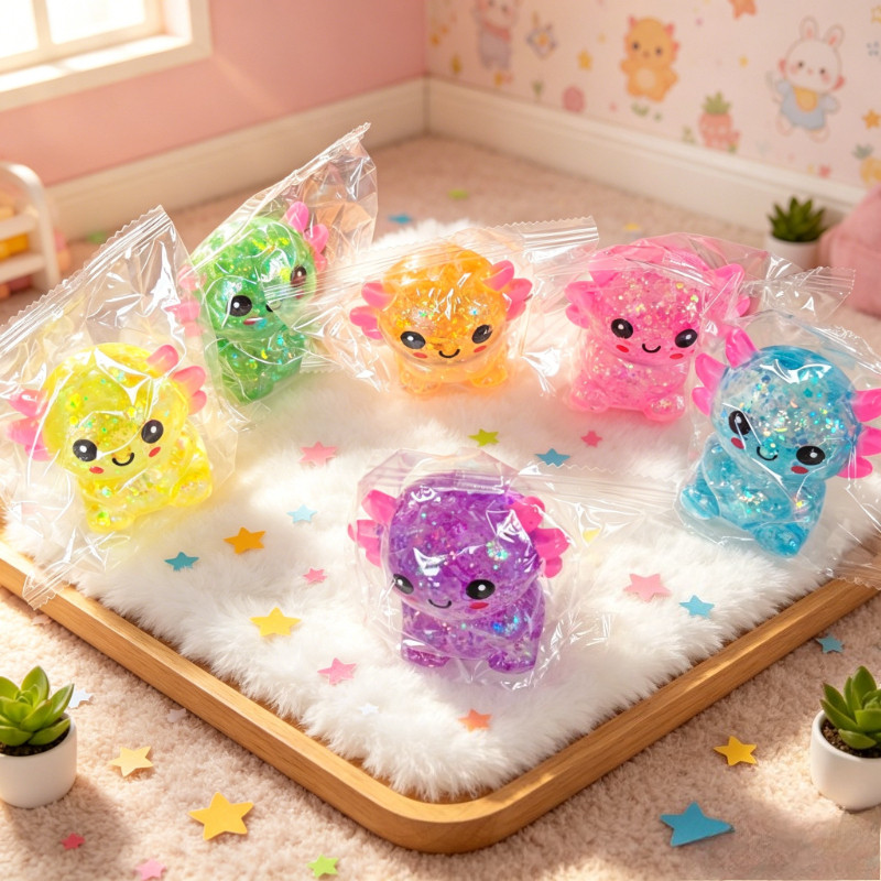 Glitter Axolotl Squishy ของเล่นที่เพิ่มขึ้นช้า, เลื่อมโปร่งใส Axolotl Fidget บีบของเล่น, ความเครียดบ