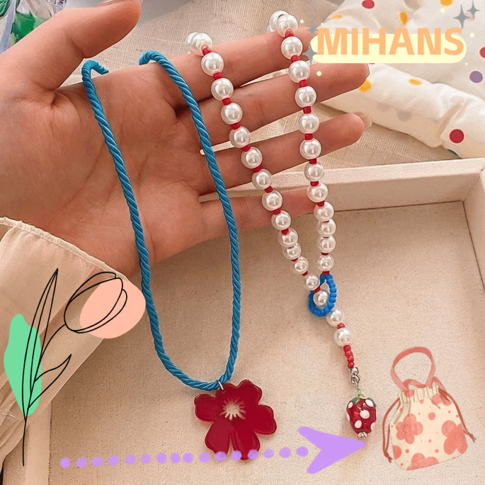 MIH 2pca สร้อยคอเชือกถัก, จี้สตรอเบอร์รี่สร้อยคอดอกไม้ชั้น,หวานอะคริลิคจําลองลูกปัดเครื่องประดับ Y2K