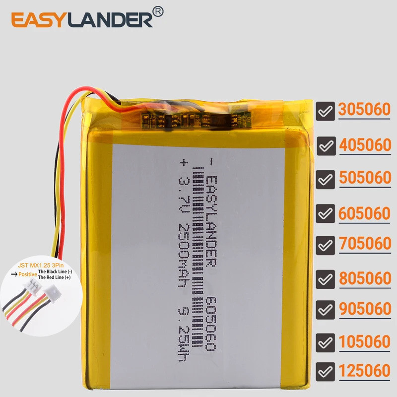 MX1.25 3Pin 605060 3.7V 2500mAh แบตเตอรี่ลิเธียมไอออนแบบชาร์จไฟได้ 305060 405060 505060 705060 80506