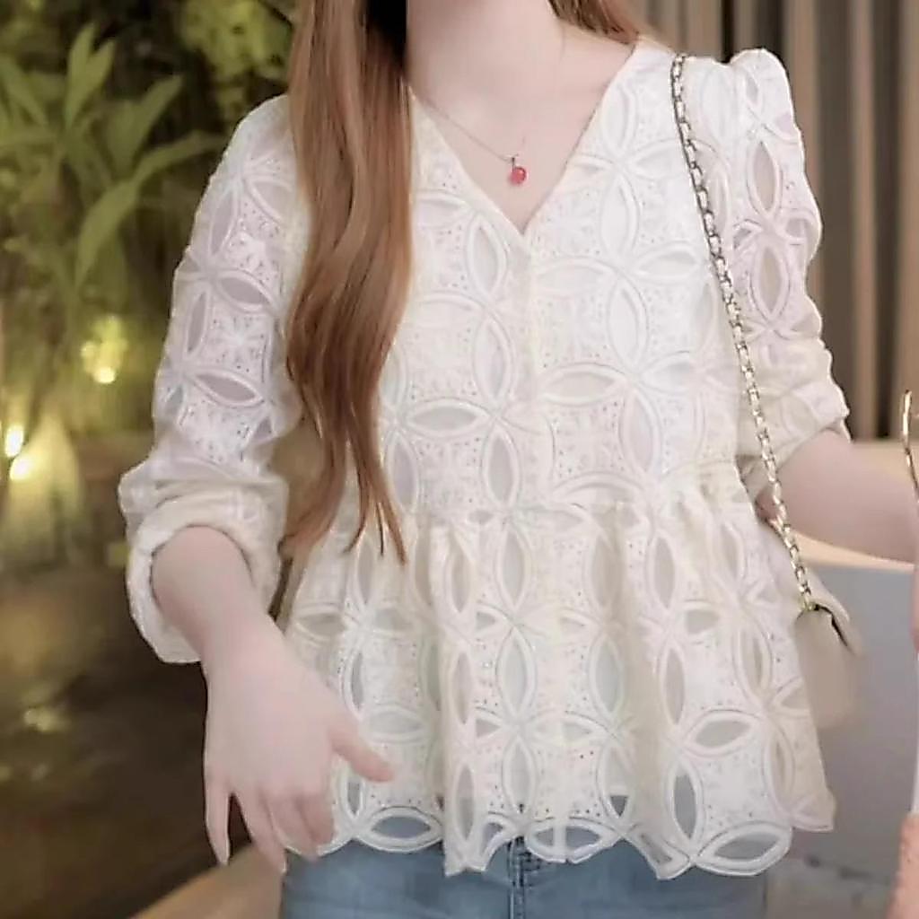 mimi&didi#เสื้อแขนยาวคอวีปักลายลูกไม้สำหรับผู้หญิงไซส์ใหญ่ ทรงหลวม ทันสมัยและน่ารัก เหมาะสำหรับฤดูใบไม้ร่วง#99309