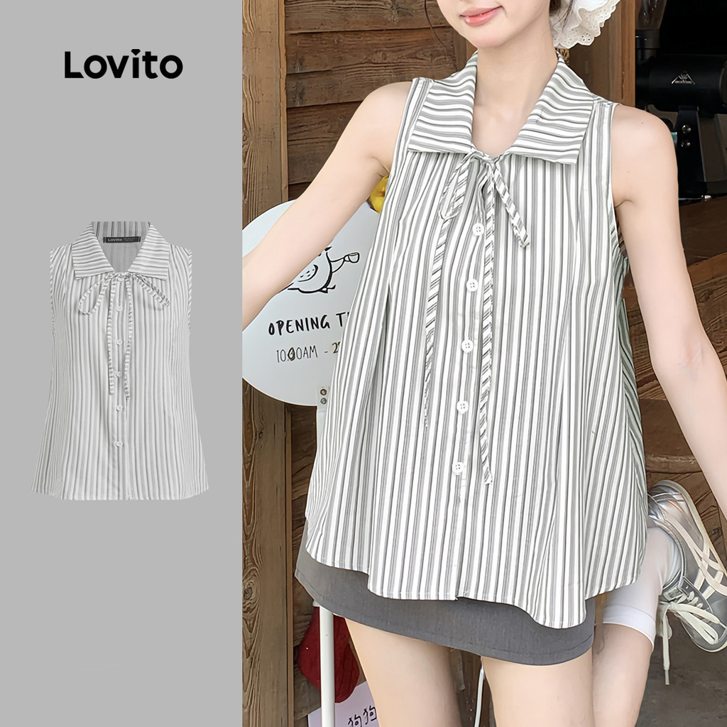 (Casual) Lovito เสื้อยืดคอปกเปิดด้านหน้าแบบลายลูกไม้ สำหรับผู้หญิง ใส่ในชีวิตประจำวัน สบาย ๆ สำหรับฤดูใบไม้ผลิ/ฤดูร้อน L144AD114