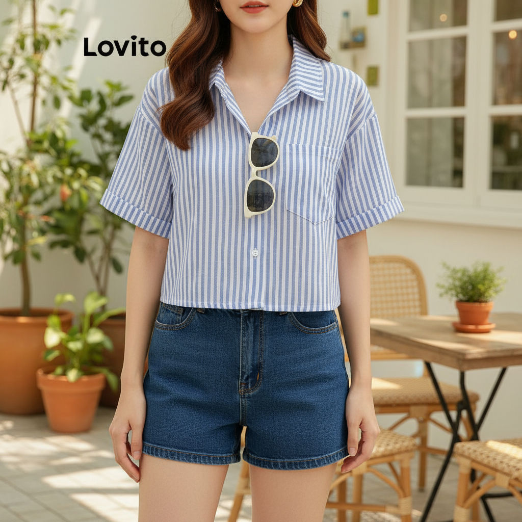 Lovito แคชชวล เสื้อเบลาส์ผู้หญิง ลายทาง มีกระดุมด้านหน้า สไตล์ รุ่น L106AD313