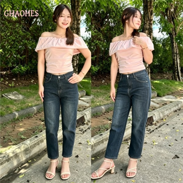 GHAOHES กางเกงยีนส์สีเทาดำเอวสูงยืดหยุ่น ยืดคลุมสะโพกไม่อึดอัด #V101