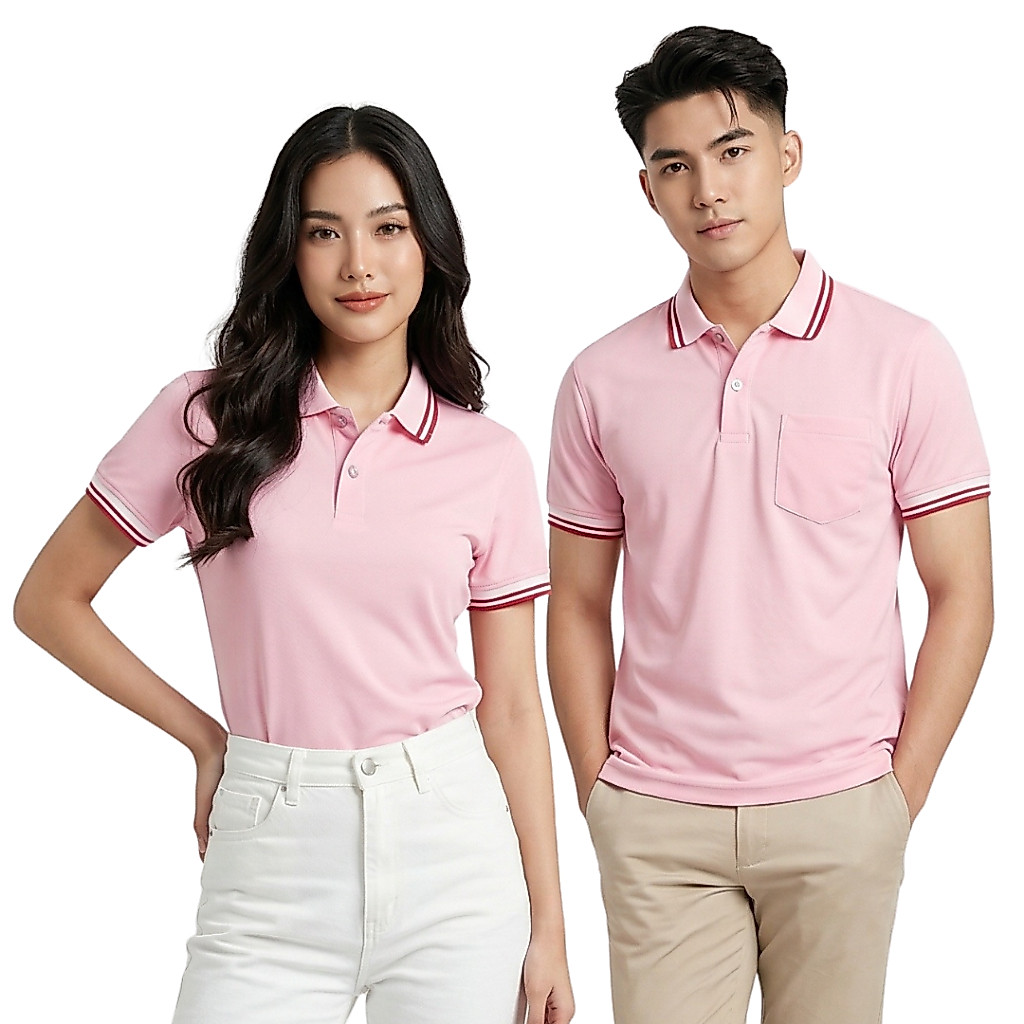 เสื้อโปโลสีชมพู ปกสีชมพูมีริ้วสีบานเย็น 2 เส้น polo peak