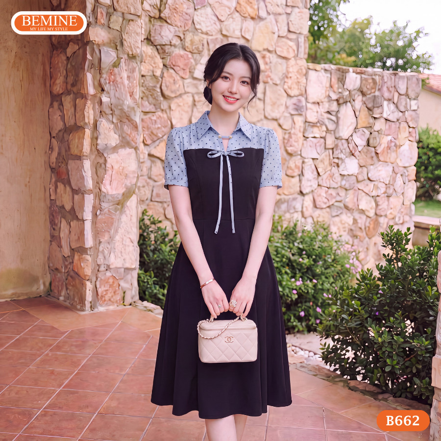 BEMINE เดรสดีไซน์คอปกเชิ้ตลายจุด ทรงเอ เหมาะสําหรับทํางาน-B662