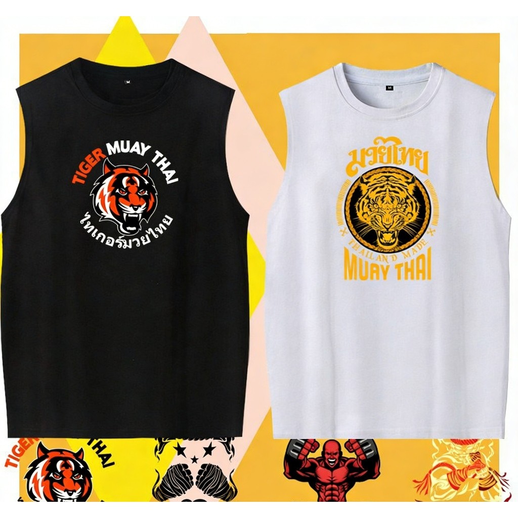 เสื้อกล้ามมวยไทย Tiger Muay Thai 2 ลายหัวเสือ มี 2 สี ขาว ดำ Unisex เสื้อออกกำลังกายยิม