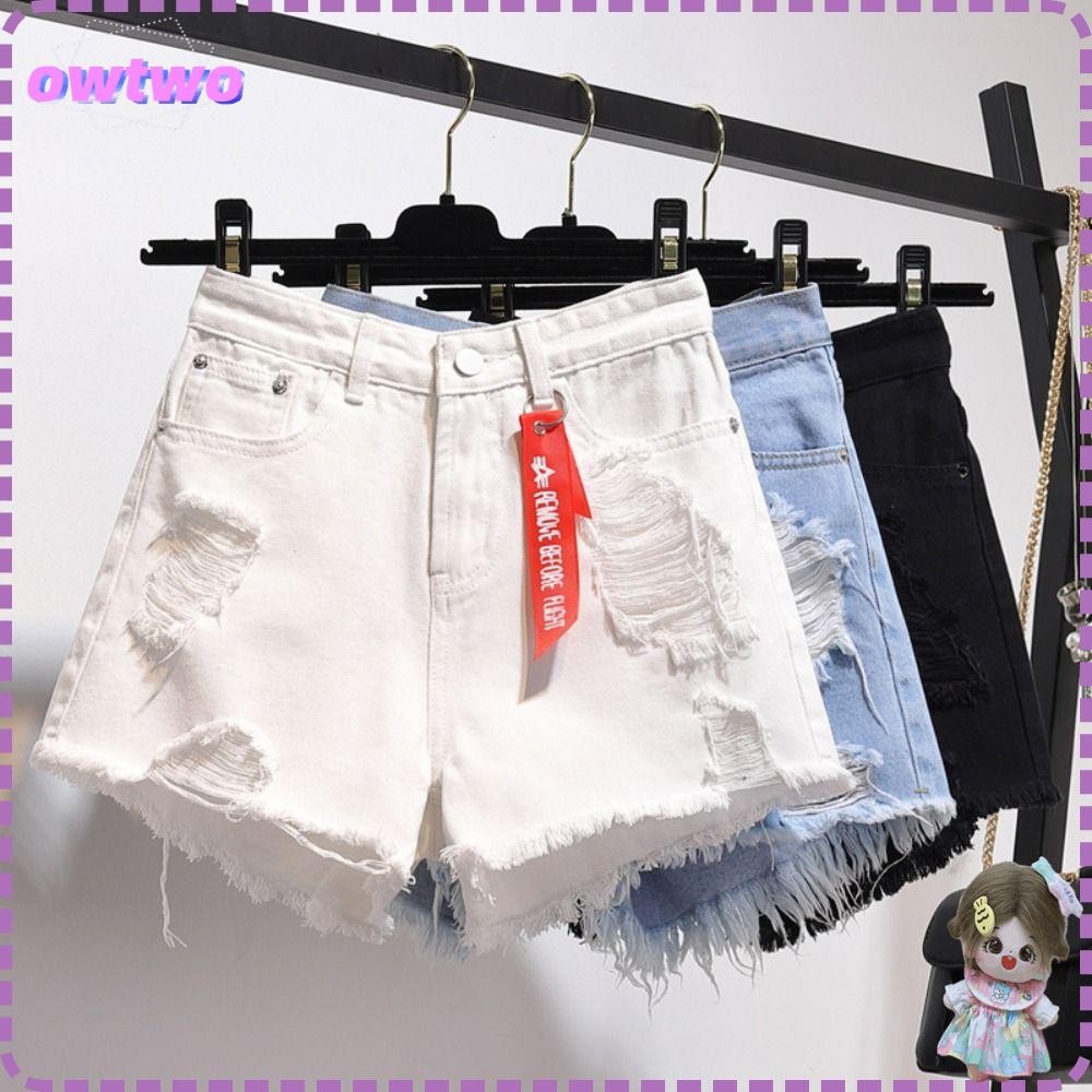 OWTWO Jean Shorts, All-match Ripped Denim Shorts,พู่อินเทรนด์เอวสูงFrayed Raw Hem Distressed Short G