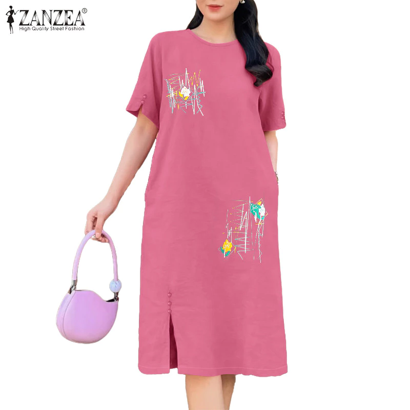 ชุดแขนสั้นสไตล์เกาหลีสำหรับผู้หญิง พิมพ์ลายปุ่มตกแต่งจาก ZANZEA