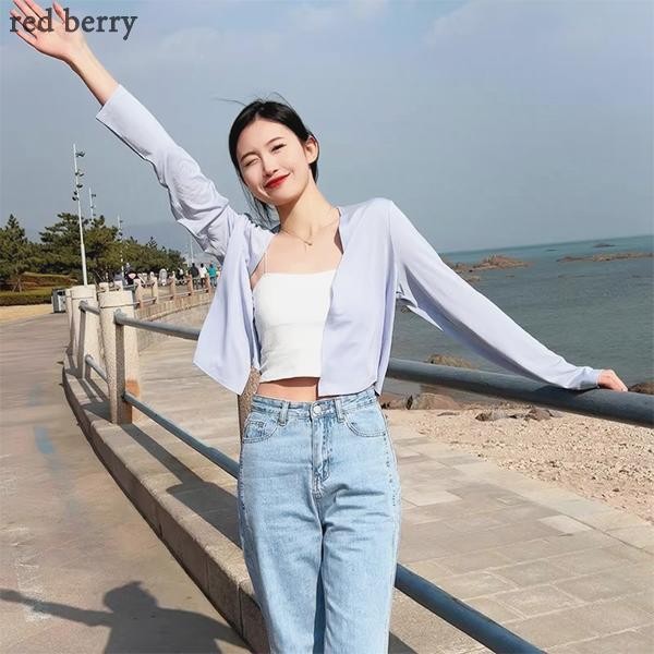 Red Berryเสื้อคาร์ดิแกนกันแดดผู้หญิง เสื้อแจ็คเก็ตไหมน้ำแข็งถักบางสีขาว เสื้อเชิ้ตปรับอากาศy2806
