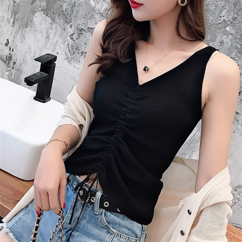 Camisole spaghetti strap top Camisole ผู้หญิง Camisole Cover Belly ไขมัน mmv คอ Drawstring สวมใส่ด้า